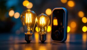 A photograph of a vintage light bulb alongside a modern smart lighting device