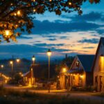 A photograph of a beautifully illuminated outdoor farm scene at dusk