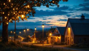A photograph of a beautifully illuminated outdoor farm scene at dusk