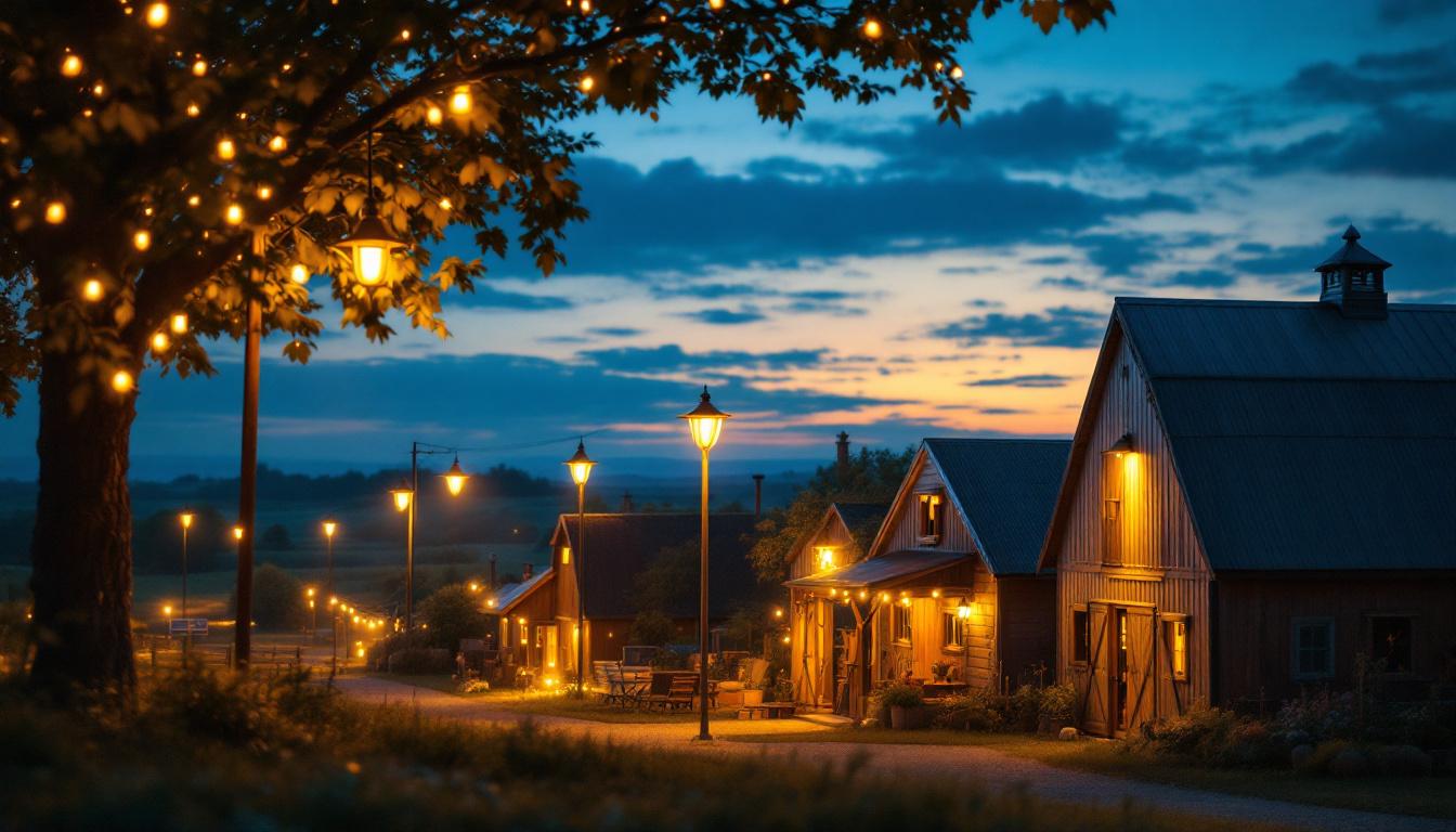 A photograph of a beautifully illuminated outdoor farm scene at dusk
