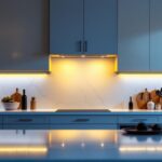 A photograph of a beautifully illuminated kitchen with wire under cabinet lighting