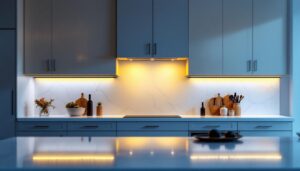 A photograph of a beautifully illuminated kitchen with wire under cabinet lighting