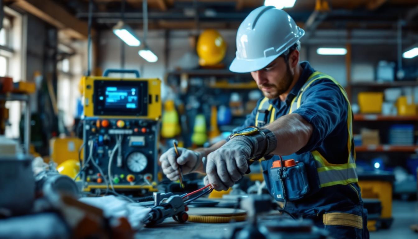 A photograph of a lighting contractor using a wire pull tool in a well-lit