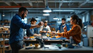 A photograph of a well-lit workshop setting where a diverse group of team members is actively engaged in a hands-on training session