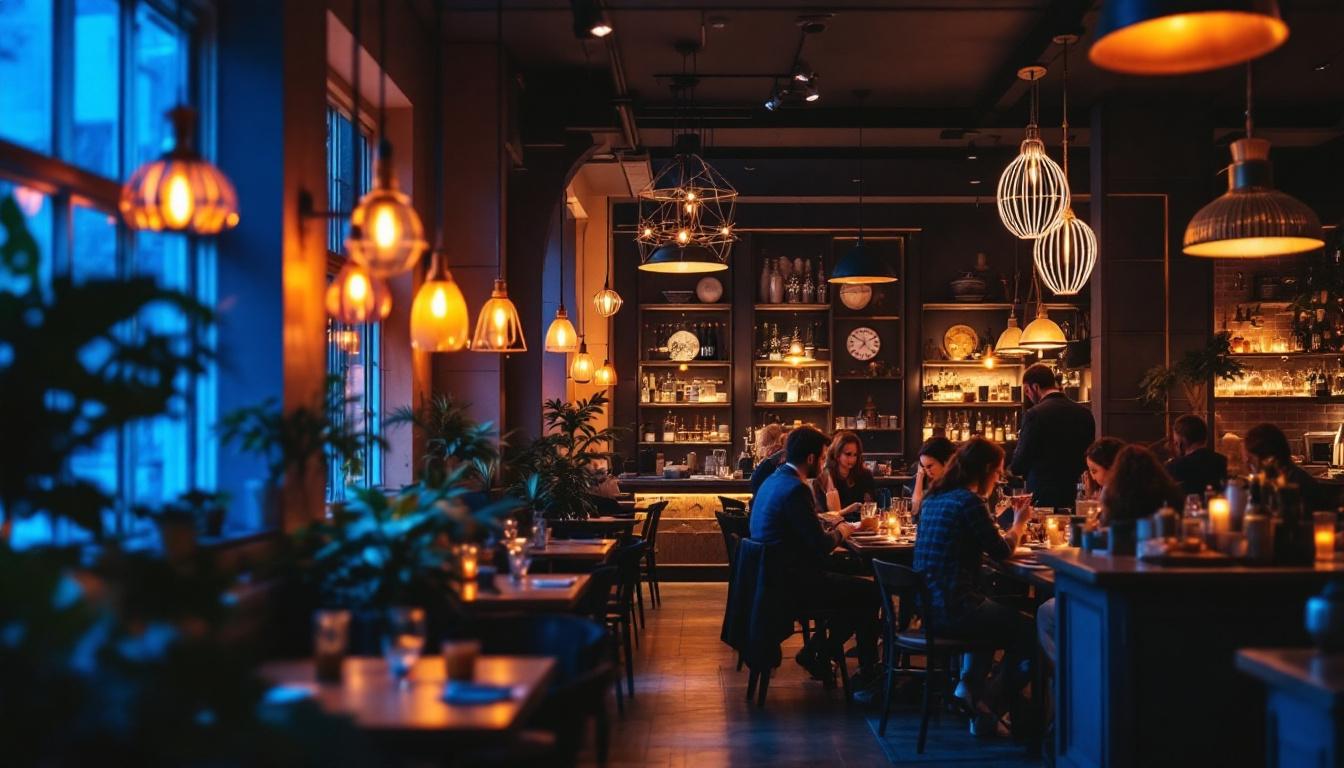 A photograph of a beautifully lit restaurant interior showcasing a variety of lighting designs
