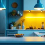 A photograph of a modern kitchen featuring stylish fluorescent fixtures that illuminate the space