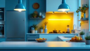 A photograph of a modern kitchen featuring stylish fluorescent fixtures that illuminate the space