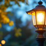 A photograph of a well-lit lamp on a pole in an outdoor setting