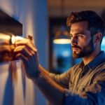 A photograph of a lighting contractor adjusting a dimmer switch on a modern led fixture in a stylish interior setting