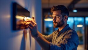 A photograph of a lighting contractor adjusting a dimmer switch on a modern led fixture in a stylish interior setting