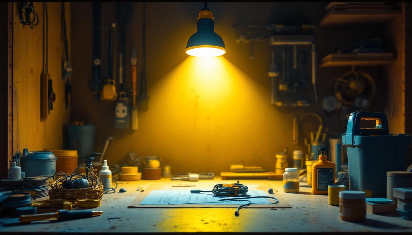 A photograph of a corded work light illuminating a detailed lighting installation project