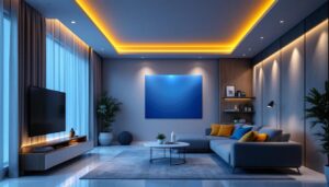 A photograph of a modern living space showcasing sleek recessed spotlights in action