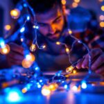 A photograph of a lighting contractor installing led strand lights in a residential or commercial setting