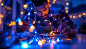 A photograph of a lighting contractor installing led strand lights in a residential or commercial setting