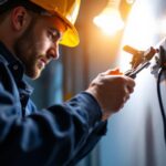 A photograph of a technician expertly changing the battery in an emergency light fixture