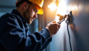 A photograph of a technician expertly changing the battery in an emergency light fixture