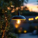 A photograph of a stylish outdoor led pendant light fixture elegantly illuminated in a serene outdoor setting