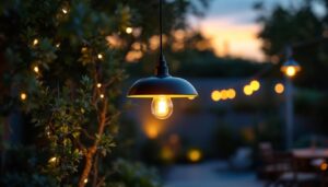 A photograph of a stylish outdoor led pendant light fixture elegantly illuminated in a serene outdoor setting
