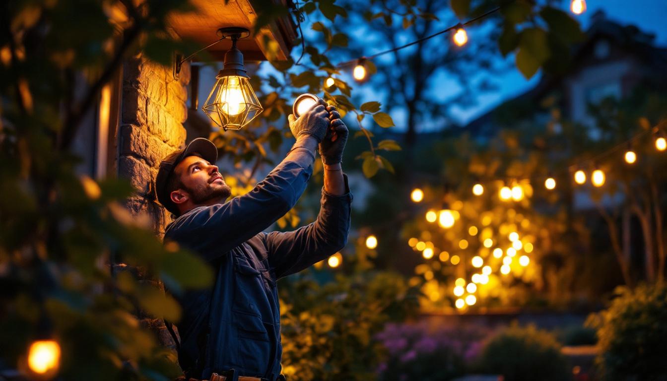A photograph of a skilled lighting contractor in action
