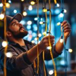 A photograph of a lighting contractor skillfully installing or adjusting colorful light cords in a beautifully lit space