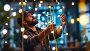 A photograph of a lighting contractor skillfully installing or adjusting colorful light cords in a beautifully lit space