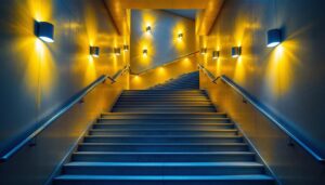 A photograph of a beautifully illuminated staircase