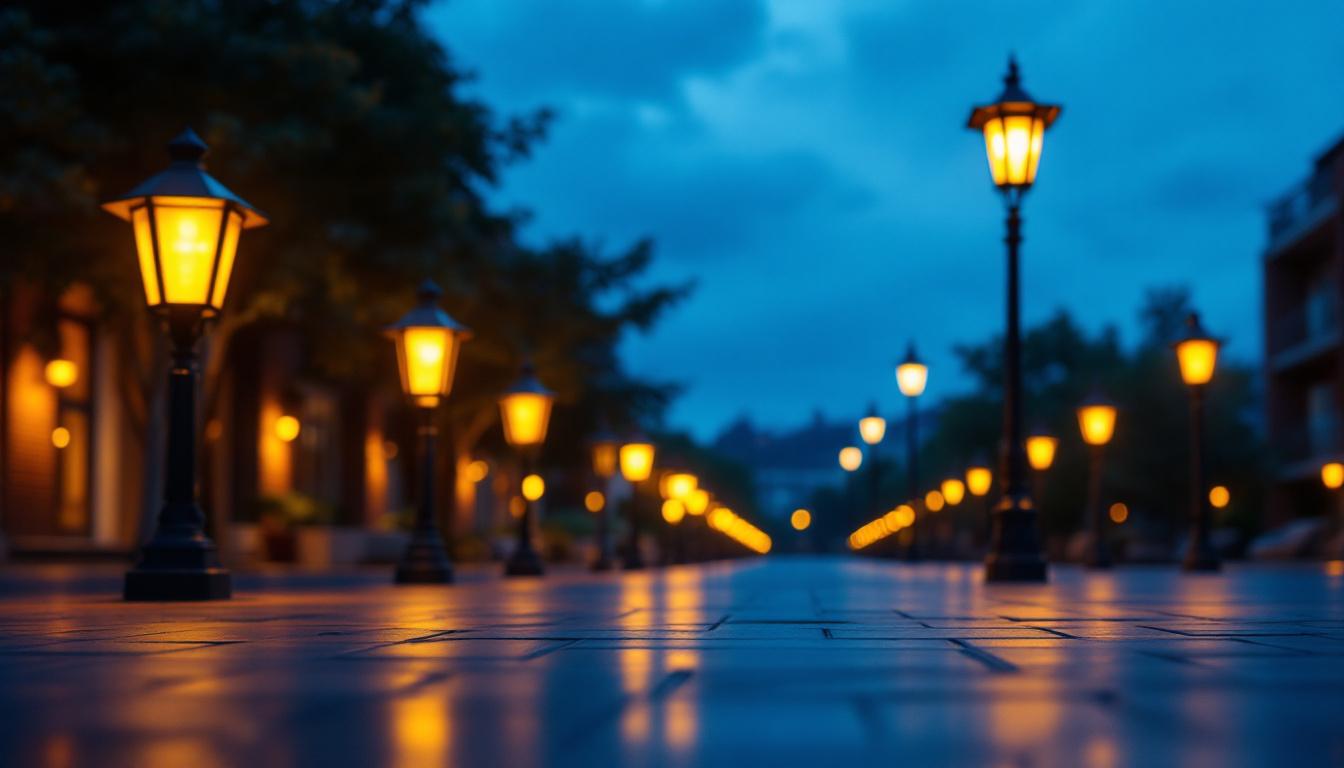 A photograph of a well-lit outdoor space featuring various styles of light lanterns in use