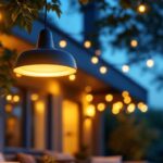 A photograph of a stylish outdoor setting featuring a modern exterior led pendant light hanging gracefully above a cozy seating area