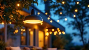A photograph of a stylish outdoor setting featuring a modern exterior led pendant light hanging gracefully above a cozy seating area