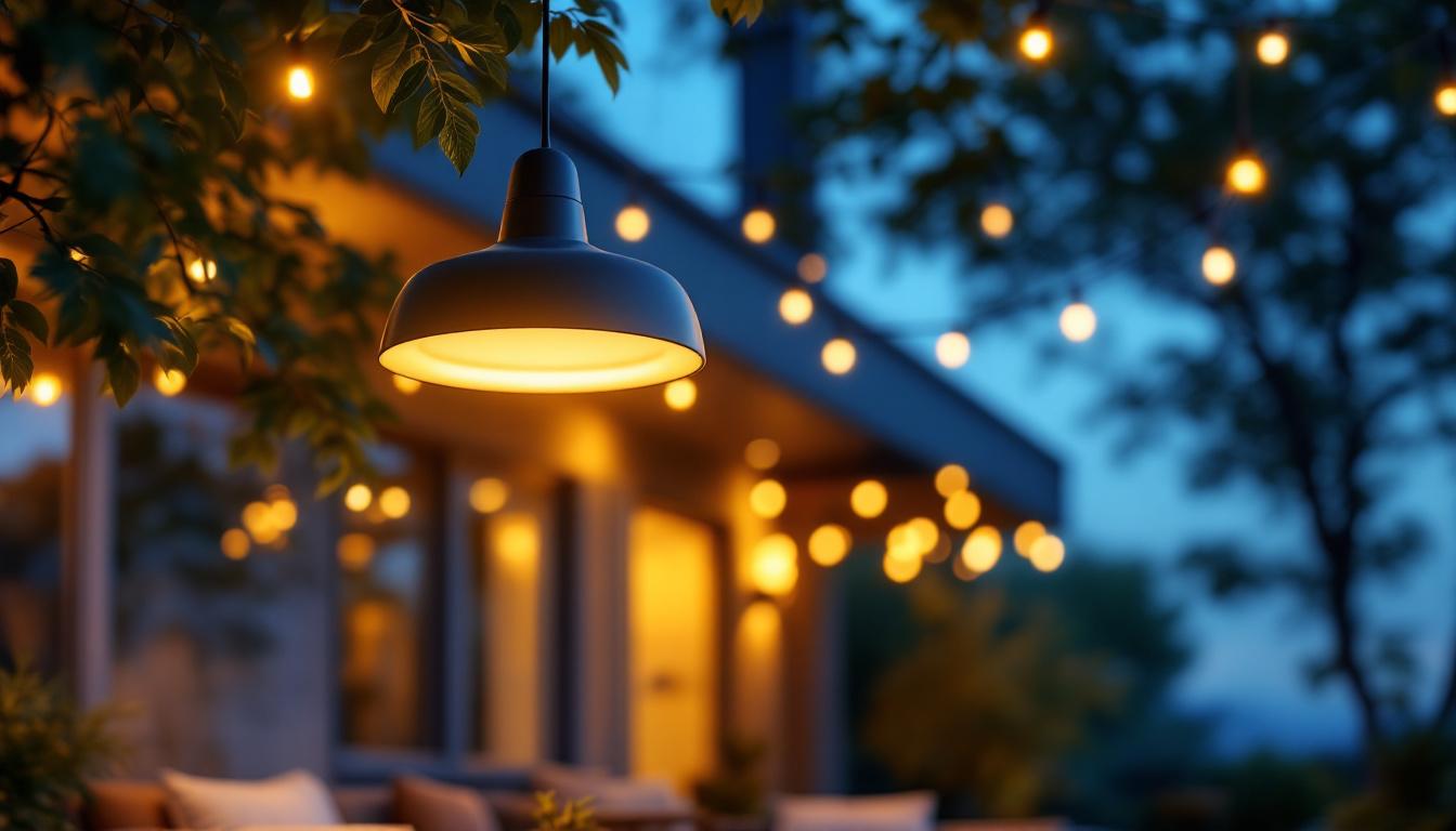 A photograph of a stylish outdoor setting featuring a modern exterior led pendant light hanging gracefully above a cozy seating area