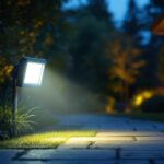 A photograph of a well-lit outdoor scene featuring a floodlight motion sensor in action