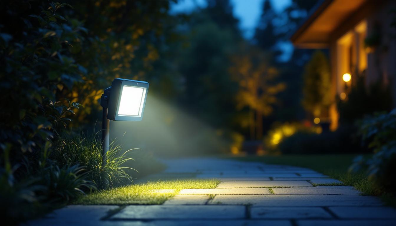 A photograph of a well-lit outdoor scene featuring a floodlight motion sensor in action