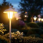A photograph of a stylish white outdoor lamp post illuminated at dusk