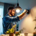 A photograph of a skilled lighting contractor expertly installing or adjusting stylish sale lighting fixtures in a modern residential or commercial setting