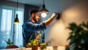 A photograph of a skilled lighting contractor expertly installing or adjusting stylish sale lighting fixtures in a modern residential or commercial setting
