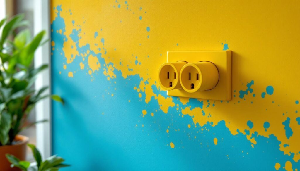 A photograph of a brightly colored electrical outlet installed in a modern setting