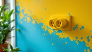 A photograph of a brightly colored electrical outlet installed in a modern setting