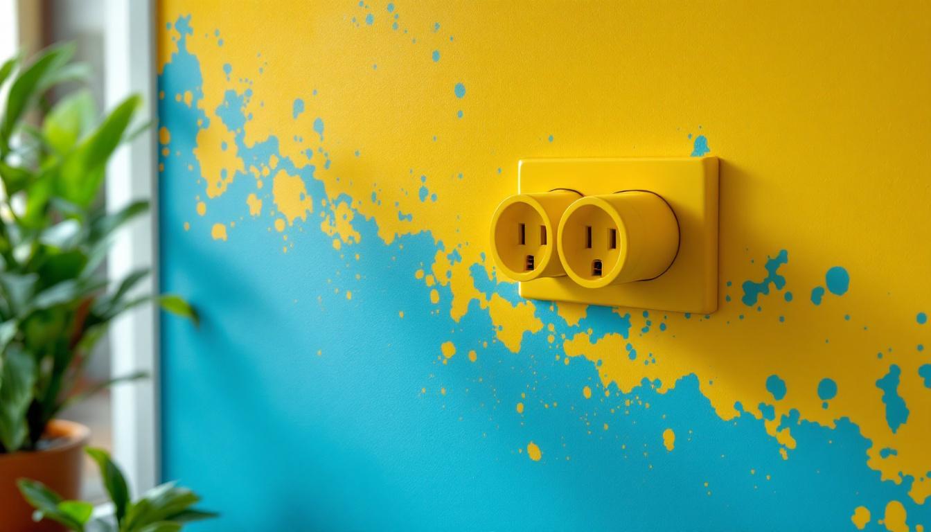 A photograph of a brightly colored electrical outlet installed in a modern setting
