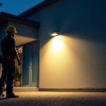 A photograph of a lighting contractor installing a flood light in a commercial or residential setting
