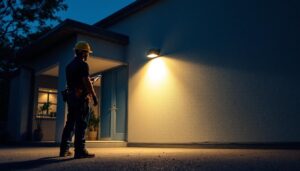 A photograph of a lighting contractor installing a flood light in a commercial or residential setting