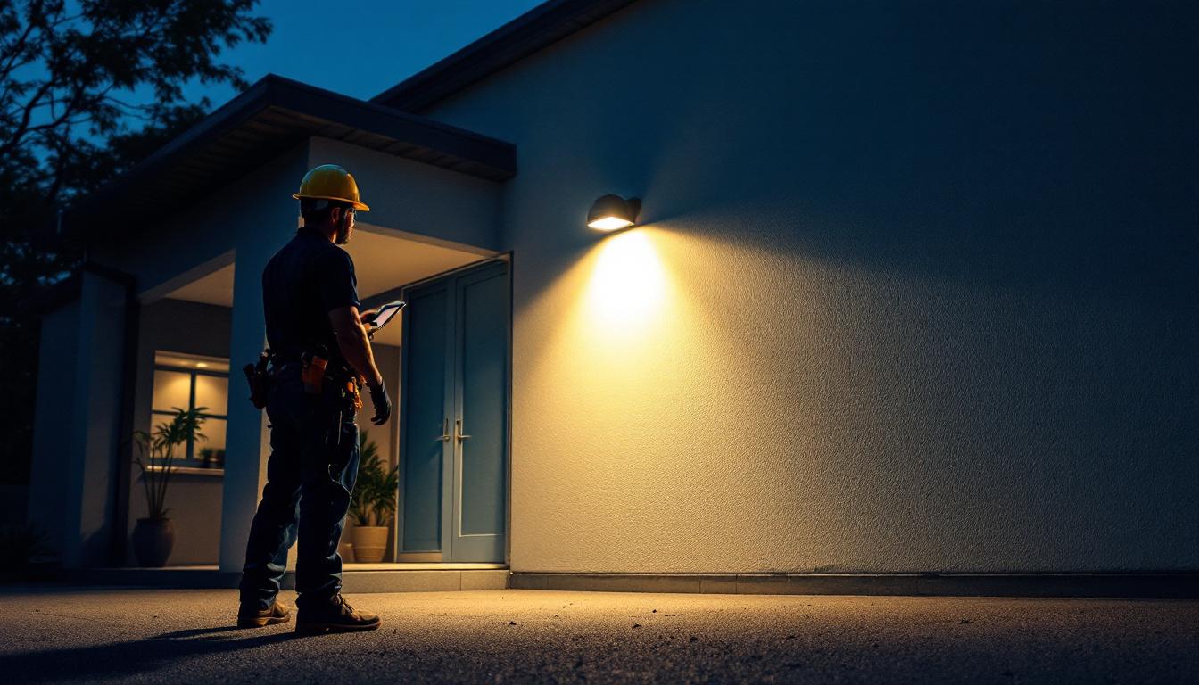 A photograph of a lighting contractor installing a flood light in a commercial or residential setting