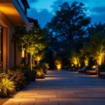 A photograph of a beautifully designed outdoor space illuminated by stylish sensor-activated lights at dusk
