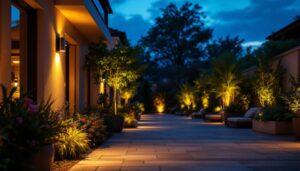 A photograph of a beautifully designed outdoor space illuminated by stylish sensor-activated lights at dusk