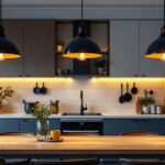 A photograph of a beautifully designed kitchen or living space featuring stylish pendant lights as the focal point