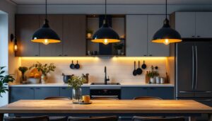 A photograph of a beautifully designed kitchen or living space featuring stylish pendant lights as the focal point