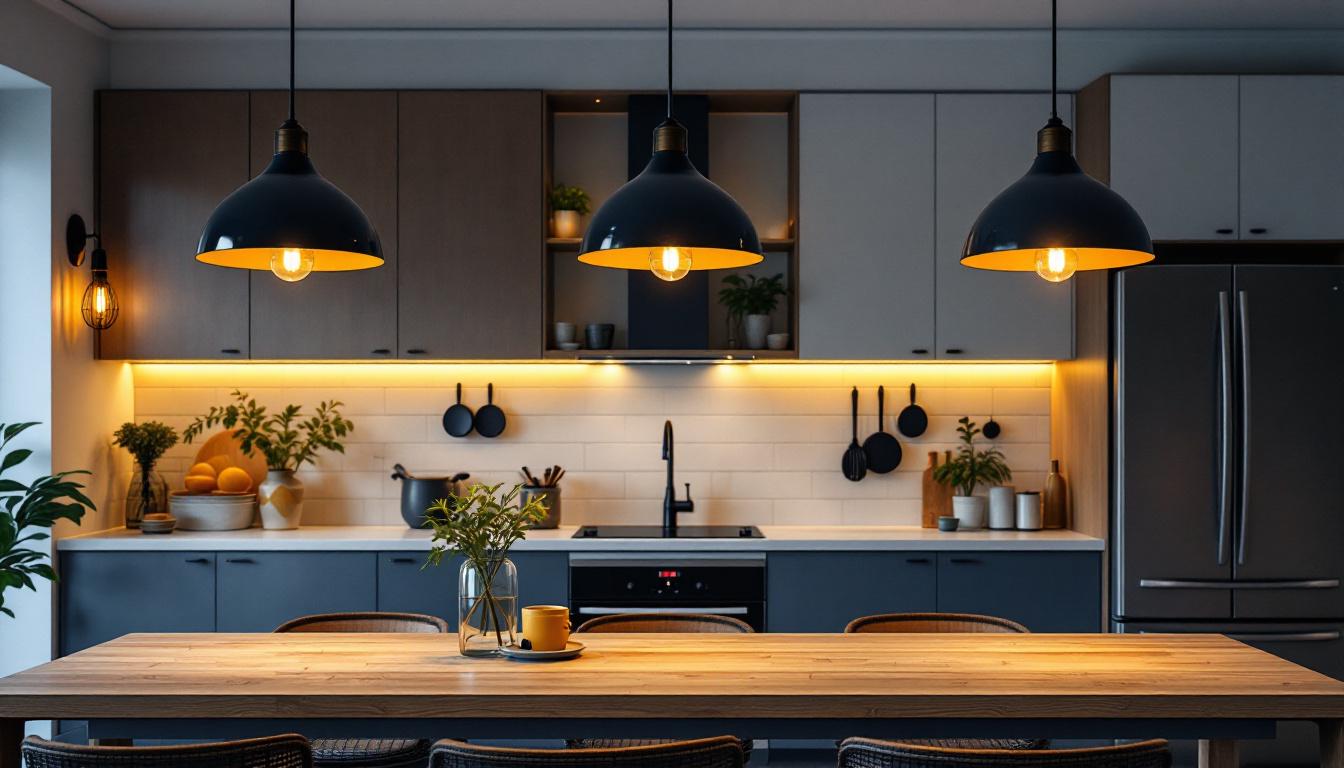 A photograph of a beautifully designed kitchen or living space featuring stylish pendant lights as the focal point