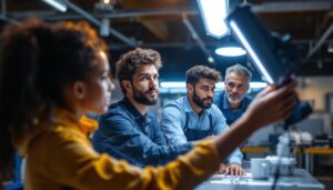 A photograph of a diverse team of professionals engaged in a hands-on training session