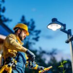 A photograph of a lighting contractor carefully replacing a solar light bulb in an outdoor setting
