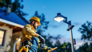 A photograph of a lighting contractor carefully replacing a solar light bulb in an outdoor setting