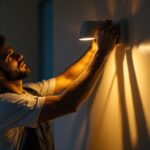 A photograph of a skilled lighting contractor expertly installing or adjusting a modern lighting fixture in a stylish residential or commercial setting